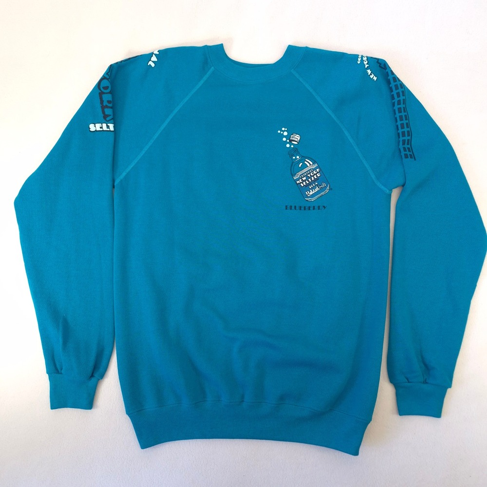 New York Seltzer Sweatshirt Blue Large Vintage 90s Soda Promo Graphic Crew